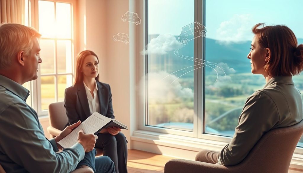 A serene therapist's office, softly lit with natural sunlight filtering through large windows, creating a warm and inviting atmosphere. In the foreground, a professional therapist, dressed in modest business attire, is seated with an open notebook in hand, engaged with a calm and attentive individual across from them. The individual is depicted in casual clothing, displaying a thoughtful expression, suggesting a process of imagination and visualization. In the middle ground, abstract representations of therapy concepts—like floating images of cars and roads—symbolize driving anxiety, intertwining with wispy clouds that evoke a sense of imagination and exposure therapy. The background features a calming landscape outside the window, hinting at a peaceful journey ahead, infused with an aura of hope and transformation. A serene therapist's office, softly lit with natural sunlight filtering through large windows, creating a warm and inviting atmosphere. In the foreground, a professional therapist, dressed in modest business attire, is seated with an open notebook in hand, engaged with a calm and attentive individual across from them. The individual is depicted in casual clothing, displaying a thoughtful expression, suggesting a process of imagination and visualization. In the middle ground, abstract representations of therapy concepts—like floating images of cars and roads—symbolize driving anxiety, intertwining with wispy clouds that evoke a sense of imagination and exposure therapy. The background features a calming landscape outside the window, hinting at a peaceful journey ahead, infused with an aura of hope and transformation.