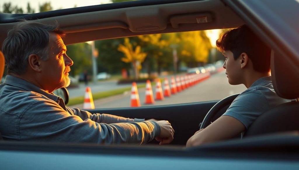 A serene urban driving scene at a local practice area during sunset, capturing a family member and a learner in a modest car. In the foreground, a focused middle-aged person, dressed in casual clothing, is calmly instructing a teenage driver, who appears eager yet slightly nervous, their hands confidently gripping the steering wheel. In the middle ground, the car is parked beside an empty lot lined with traffic cones, symbolizing the learning process. The background features a soft-focus view of a busy street and green trees illuminated by warm golden light, creating a supportive and encouraging atmosphere. The scene evokes a sense of calm, highlighting the importance of familial support in the learning experience of driving.