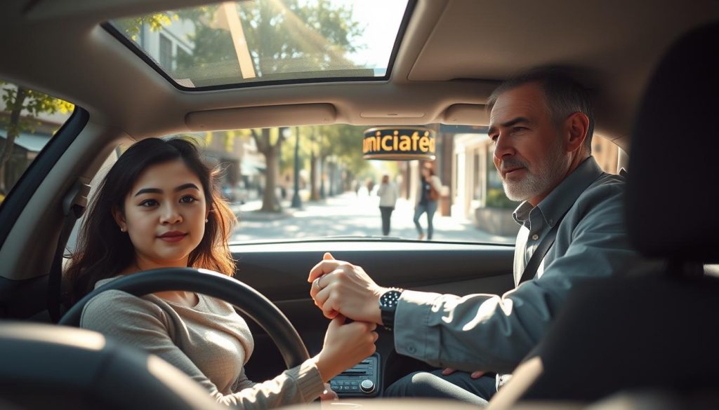 A serene urban street scene capturing a car practicing driving with an instructor and a learner inside. In the foreground, the learner, a young adult dressed in casual but modest clothing, holds the steering wheel with a focused expression. Beside them, a seasoned instructor, a middle-aged individual wearing professional attire, gestures calmly, providing guidance. In the middle background, a few pedestrians walk leisurely, and a café with outdoor seating hints at a lively community atmosphere. Sunlight filters through the leaves of nearby trees, casting soft shadows on the pavement. The overall mood is encouraging and supportive, reflecting a sense of learning and growth in a safe environment. The composition should emphasize a dynamic yet relaxed driving experience, with the focus on the interaction between the instructor and learner.