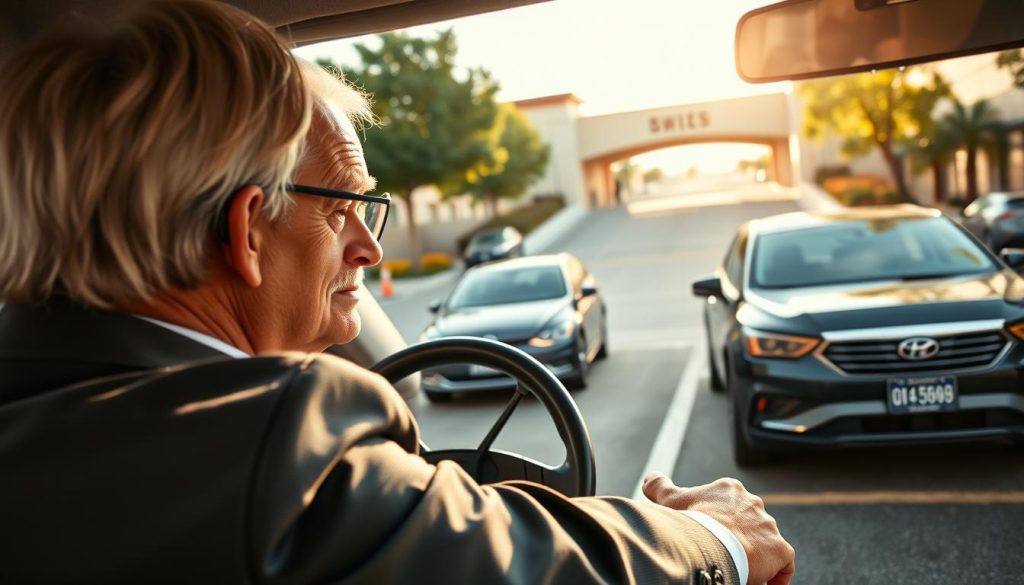 A skilled driver, depicted as an older man in professional business attire, expertly maneuvering a car into a parking space with precision. The foreground features the driver's focused face, demonstrating confidence and expertise. In the middle ground, the car is parked perfectly, with a slight angle to highlight the parking technique. Surrounding the car, elements like traffic cones and parked vehicles create a realistic parking lot atmosphere. The background shows a gently sloped driveway leading up to the entrance of a modern shopping center, with natural sunlight filtering through the trees, casting a warm glow on the scene. The overall mood is calm and instructional, embodying the wisdom and safety of experienced driving techniques in parking situations. A skilled driver, depicted as an older man in professional business attire, expertly maneuvering a car into a parking space with precision. The foreground features the driver's focused face, demonstrating confidence and expertise. In the middle ground, the car is parked perfectly, with a slight angle to highlight the parking technique. Surrounding the car, elements like traffic cones and parked vehicles create a realistic parking lot atmosphere. The background shows a gently sloped driveway leading up to the entrance of a modern shopping center, with natural sunlight filtering through the trees, casting a warm glow on the scene. The overall mood is calm and instructional, embodying the wisdom and safety of experienced driving techniques in parking situations.