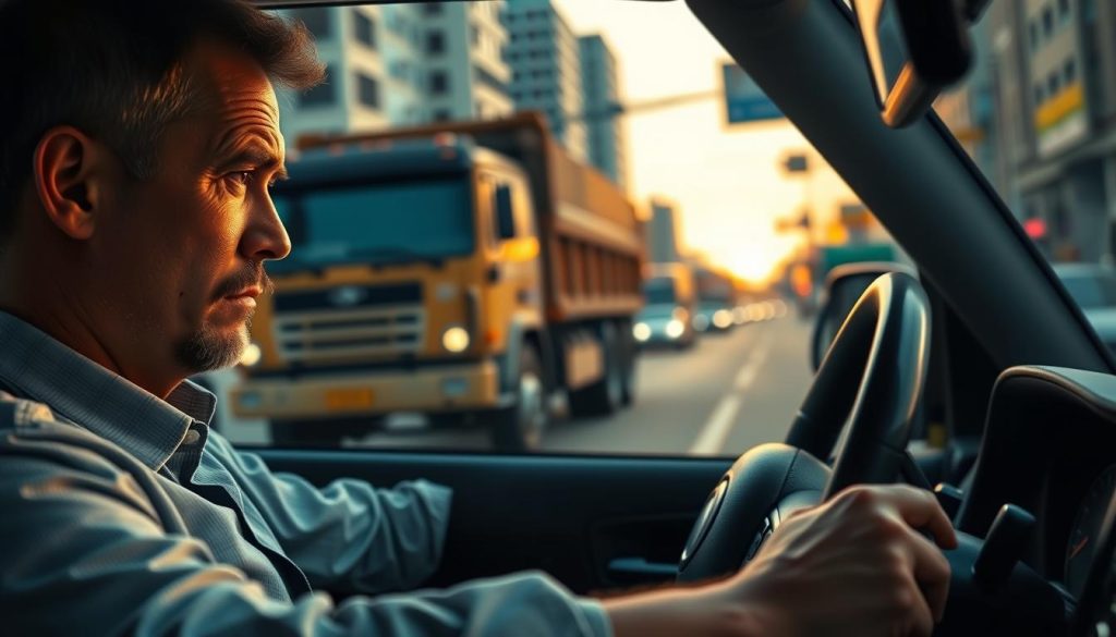 A tense scene depicting a driver engaging in risky one-handed driving while navigating alongside a large vehicle, such as a sand truck or a bus. In the foreground, focus on the driver's hand firmly gripping the steering wheel with a worried expression on their face, dressed in a smart casual shirt. In the middle ground, illustrate a large sand truck looming alongside the vehicle, showcasing the small distance between them, creating an atmosphere of danger. The background should feature a blurred city street, emphasizing the rush of traffic, with a gentle sunset casting a warm, yet cautionary light over the scene. Use a shallow depth of field to draw attention to the driver while enhancing the sense of urgency and caution in the atmosphere.