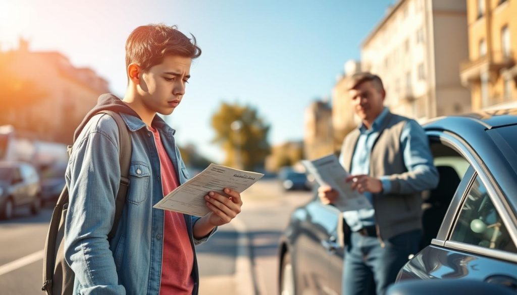 A thoughtful scene illustrating common misunderstandings about driving licenses. In the foreground, a worried young adult in casual attire stands next to a parked car, looking at their license with confusion. In the middle ground, a friendly driving instructor gestures positively, showing supportive body language to encourage confidence. In the background, a city street is depicted with clear blue skies, symbolizing a bright future ahead. Soft, warm lighting enhances the optimistic atmosphere, while a slight depth of field blurs the background, focusing on the interaction between the two figures. This image conveys a sense of reassurance and clarity regarding driving misconceptions, aiming to inspire confidence in new drivers. A thoughtful scene illustrating common misunderstandings about driving licenses. In the foreground, a worried young adult in casual attire stands next to a parked car, looking at their license with confusion. In the middle ground, a friendly driving instructor gestures positively, showing supportive body language to encourage confidence. In the background, a city street is depicted with clear blue skies, symbolizing a bright future ahead. Soft, warm lighting enhances the optimistic atmosphere, while a slight depth of field blurs the background, focusing on the interaction between the two figures. This image conveys a sense of reassurance and clarity regarding driving misconceptions, aiming to inspire confidence in new drivers.