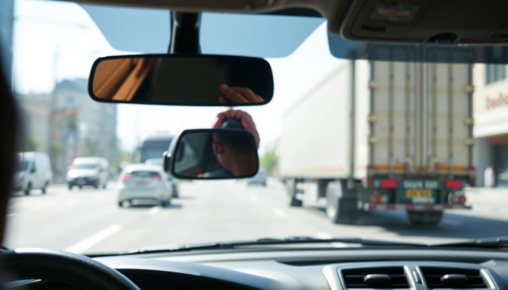 A view from inside a car, focusing on the side mirrors and rear-view mirror, showcasing the blind spots around a large vehicle, such as a truck or bus. In the foreground, the steering wheel and dashboard are visible, emphasizing the driver's perspective. In the middle ground, a large truck on the right side is partially obscured, highlighting the safety distance between the car and the truck. The background features a blurred city street, illustrating urban driving conditions. The lighting is bright and clear, creating a realistic daytime atmosphere. The angle captures the challenge of adjusting mirrors to eliminate blind spots, evoking a sense of awareness and caution for drivers.
