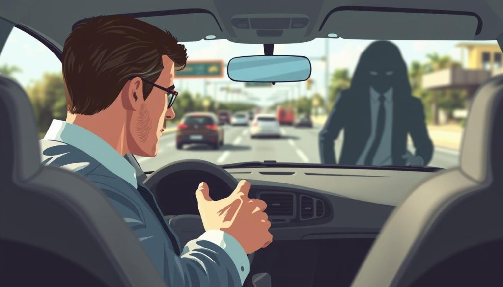 A visually engaging illustration depicting the psychological causes of driving anxiety, featuring a well-dressed individual sitting in a car, gripping the steering wheel with a tense expression. In the foreground, emphasize the driver's nervous hands and facial cues of stress. The middle ground shows a blurred view of a busy road ahead, with other vehicles merging and pedestrians in motion, symbolizing overwhelming stimuli. In the background, a shadowy figure representing fear looms, subtly blending into the environment. The scene is lit with soft, diffused daylight, creating a realistic yet slightly tense atmosphere. Use a shallow depth of field to focus on the driver while gently blurring the surrounding chaos, evoking a sense of anxiety and confinement within the automobile. A visually engaging illustration depicting the psychological causes of driving anxiety, featuring a well-dressed individual sitting in a car, gripping the steering wheel with a tense expression. In the foreground, emphasize the driver's nervous hands and facial cues of stress. The middle ground shows a blurred view of a busy road ahead, with other vehicles merging and pedestrians in motion, symbolizing overwhelming stimuli. In the background, a shadowy figure representing fear looms, subtly blending into the environment. The scene is lit with soft, diffused daylight, creating a realistic yet slightly tense atmosphere. Use a shallow depth of field to focus on the driver while gently blurring the surrounding chaos, evoking a sense of anxiety and confinement within the automobile.
