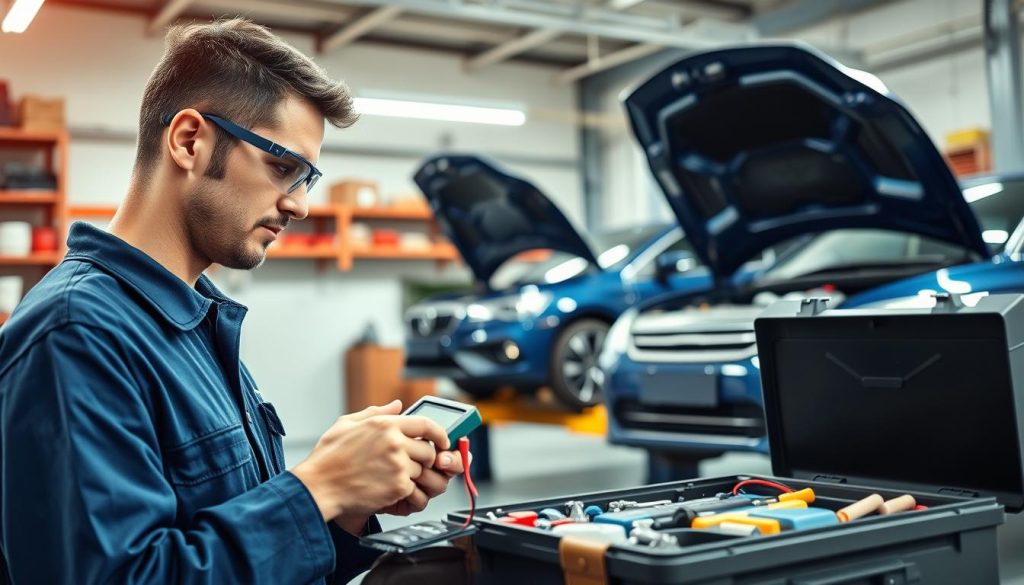 A well-lit automotive workshop showcasing a car battery inspection scene. In the foreground, a professional mechanic, wearing a blue uniform and safety goggles, is carefully inspecting a car battery, using a multimeter to check voltage levels. The mechanic's focused expression reflects diligence and expertise. In the middle section, two cars are lifted on hydraulic jacks, with one car’s hood openly displaying the engine for thorough maintenance checks. A toolbox filled with various tools is neatly placed nearby. The background features shelves stocked with automotive supplies and a bright overhead light casting a warm glow, creating an atmosphere of efficiency and professionalism. The entire scene conveys a sense of readiness and thoroughness in vehicle care. A well-lit automotive workshop showcasing a car battery inspection scene. In the foreground, a professional mechanic, wearing a blue uniform and safety goggles, is carefully inspecting a car battery, using a multimeter to check voltage levels. The mechanic's focused expression reflects diligence and expertise. In the middle section, two cars are lifted on hydraulic jacks, with one car’s hood openly displaying the engine for thorough maintenance checks. A toolbox filled with various tools is neatly placed nearby. The background features shelves stocked with automotive supplies and a bright overhead light casting a warm glow, creating an atmosphere of efficiency and professionalism. The entire scene conveys a sense of readiness and thoroughness in vehicle care.