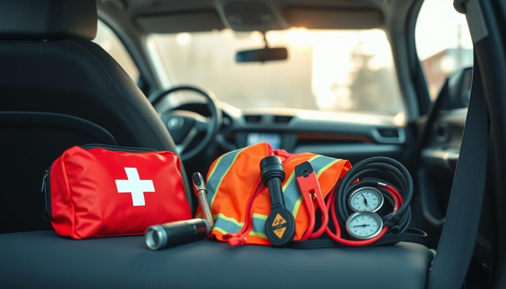 A well-organized car emergency kit placed on the passenger seat of a modern vehicle. The foreground features a bright red first aid kit, a reflective safety vest, a flashlight, jumper cables, and a tire pressure gauge, all neatly arranged and easily accessible. In the middle ground, the car's dashboard and steering wheel are visible, emphasizing a sense of readiness for travel. The background shows an open window, letting in soft, natural light that highlights the kit's contents, creating a warm and inviting atmosphere. The mood is calm and reassuring, suggesting preparedness for any situation while driving. The image should be captured with a slight depth of field, focusing on the emergency kit while keeping the car's interior slightly blurred. A well-organized car emergency kit placed on the passenger seat of a modern vehicle. The foreground features a bright red first aid kit, a reflective safety vest, a flashlight, jumper cables, and a tire pressure gauge, all neatly arranged and easily accessible. In the middle ground, the car's dashboard and steering wheel are visible, emphasizing a sense of readiness for travel. The background shows an open window, letting in soft, natural light that highlights the kit's contents, creating a warm and inviting atmosphere. The mood is calm and reassuring, suggesting preparedness for any situation while driving. The image should be captured with a slight depth of field, focusing on the emergency kit while keeping the car's interior slightly blurred.