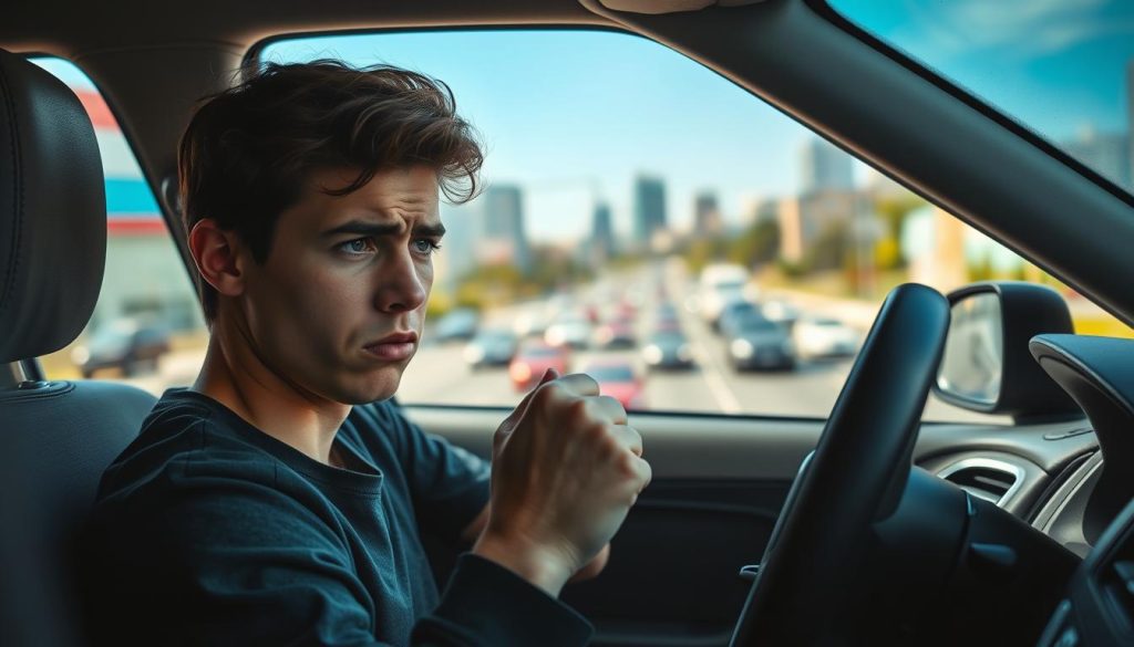 A worried young adult sitting in the driver's seat of a car, gripping the steering wheel tightly with a distressed expression. The foreground focuses on their hands and face, showcasing anxiety clearly. In the middle ground, we see a blurred view of a bustling city street, symbolizing the overwhelming stimuli that provoke driving anxiety. The background depicts a sunny day, with a blue sky and distant buildings, highlighting the contrast between the serene environment and the subject's internal struggle. Soft, natural lighting emphasizes the realism of the scene. The overall mood is tense yet hopeful, suggesting the potential for overcoming fears through cognitive behavioral strategies. A worried young adult sitting in the driver's seat of a car, gripping the steering wheel tightly with a distressed expression. The foreground focuses on their hands and face, showcasing anxiety clearly. In the middle ground, we see a blurred view of a bustling city street, symbolizing the overwhelming stimuli that provoke driving anxiety. The background depicts a sunny day, with a blue sky and distant buildings, highlighting the contrast between the serene environment and the subject's internal struggle. Soft, natural lighting emphasizes the realism of the scene. The overall mood is tense yet hopeful, suggesting the potential for overcoming fears through cognitive behavioral strategies.