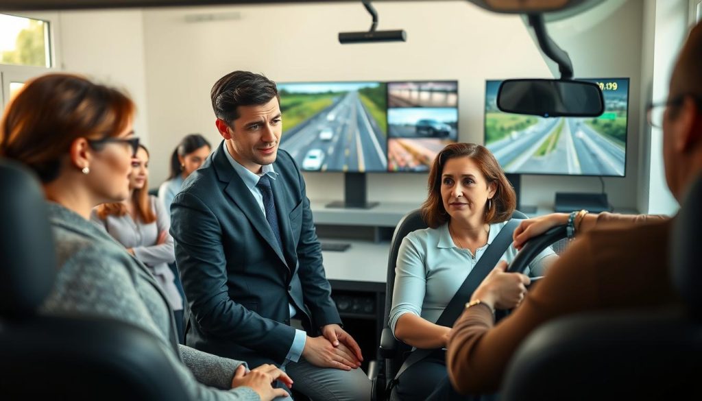 In a serene driving school setting, a diverse group of adult learners, dressed in professional attire, engages in systematic desensitization exercises. In the foreground, a confident instructor guides a nervous student seated behind the wheel of a car, showcasing a supportive learning environment. The middle of the scene features various scenarios displayed on large screens, such as heavy traffic and highway driving, representing gradual exposure to anxiety-provoking situations. In the background, bright natural light filters through the windows, highlighting the calm and encouraging atmosphere of the room. The mood is one of empowerment and growth, with a focus on rebuilding confidence in driving abilities. Use a warm color palette to evoke feelings of safety and optimism, framed with a slight depth of field to emphasize the instructor and student interaction. In a serene driving school setting, a diverse group of adult learners, dressed in professional attire, engages in systematic desensitization exercises. In the foreground, a confident instructor guides a nervous student seated behind the wheel of a car, showcasing a supportive learning environment. The middle of the scene features various scenarios displayed on large screens, such as heavy traffic and highway driving, representing gradual exposure to anxiety-provoking situations. In the background, bright natural light filters through the windows, highlighting the calm and encouraging atmosphere of the room. The mood is one of empowerment and growth, with a focus on rebuilding confidence in driving abilities. Use a warm color palette to evoke feelings of safety and optimism, framed with a slight depth of field to emphasize the instructor and student interaction.