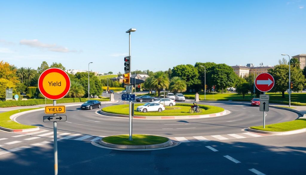 A beautifully designed roundabout bustling with vehicles in a sunny, clear sky. In the foreground, there are well-maintained traffic signs indicating the rules for entering and exiting the roundabout, including 'Yield' and directional arrows. The middle ground features a mix of cars and a bicycle navigating the roundabout, showcasing the interaction of different road users. Traffic lights are present for additional context, enhancing the realism. In the background, lush greenery and urban structures provide a vibrant setting, emphasizing modern road design. The scene is captured with a wide-angle lens to encompass the entire roundabout, highlighting the order and flow of traffic, creating a mood of clarity and education on traffic rules. A beautifully designed roundabout bustling with vehicles in a sunny, clear sky. In the foreground, there are well-maintained traffic signs indicating the rules for entering and exiting the roundabout, including 'Yield' and directional arrows. The middle ground features a mix of cars and a bicycle navigating the roundabout, showcasing the interaction of different road users. Traffic lights are present for additional context, enhancing the realism. In the background, lush greenery and urban structures provide a vibrant setting, emphasizing modern road design. The scene is captured with a wide-angle lens to encompass the entire roundabout, highlighting the order and flow of traffic, creating a mood of clarity and education on traffic rules.