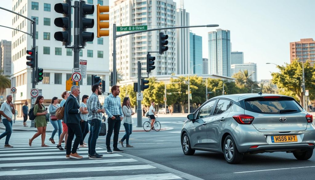 A busy urban intersection on a bright day, capturing a scene where pedestrians respectfully use the crosswalk. In the foreground, a group of diverse individuals, dressed in smart casual clothing, are waiting patiently at the crosswalk line while an alert driver in a compact car is poised to make a right turn, looking out for pedestrians. The middle ground features clear traffic signals, a bicycle lane, and well-defined crosswalk markings, emphasizing road safety. The background includes a modern cityscape with high-rise buildings and trees lining the road. The lighting is bright and warm, evoking a safe and inviting atmosphere. The composition should focus on the interaction between the pedestrians and the vehicle, highlighting the correct concept of yielding to pedestrians at crosswalks. A busy urban intersection on a bright day, capturing a scene where pedestrians respectfully use the crosswalk. In the foreground, a group of diverse individuals, dressed in smart casual clothing, are waiting patiently at the crosswalk line while an alert driver in a compact car is poised to make a right turn, looking out for pedestrians. The middle ground features clear traffic signals, a bicycle lane, and well-defined crosswalk markings, emphasizing road safety. The background includes a modern cityscape with high-rise buildings and trees lining the road. The lighting is bright and warm, evoking a safe and inviting atmosphere. The composition should focus on the interaction between the pedestrians and the vehicle, highlighting the correct concept of yielding to pedestrians at crosswalks.