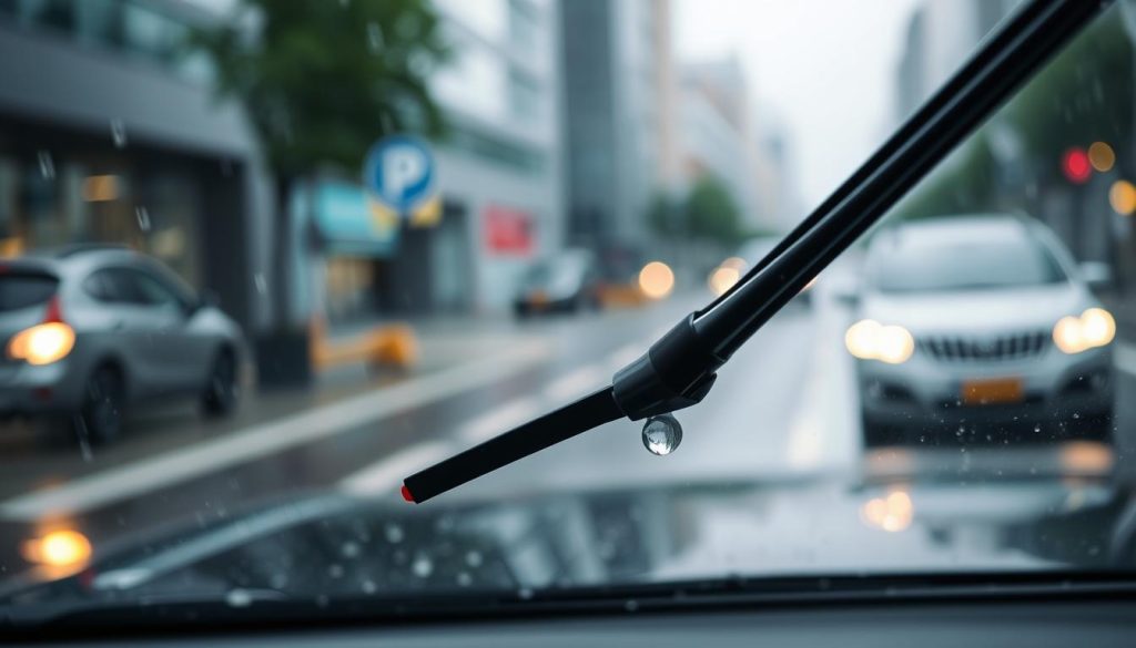 A close-up view of a car windshield with the rain wiper clearly in motion, showcasing its connection to the vehicle's body. In the foreground, focus on the wiper blade and its pivot point, dripping with rainwater, illustrating the concept of using wiper positions to gauge vehicle dimensions. The middle ground should capture the car's sleek exterior, emphasizing its curves and lines, while the background features a blurred urban street scene under overcast weather, with raindrops falling softly. Lighting should be soft and diffused, creating a serene yet focused atmosphere. The composition should be shot from an angle slightly above the wiper, highlighting its functionality and importance for new drivers. Overall, the image should convey clarity, precision, and a sense of practical learning in driving. A close-up view of a car windshield with the rain wiper clearly in motion, showcasing its connection to the vehicle's body. In the foreground, focus on the wiper blade and its pivot point, dripping with rainwater, illustrating the concept of using wiper positions to gauge vehicle dimensions. The middle ground should capture the car's sleek exterior, emphasizing its curves and lines, while the background features a blurred urban street scene under overcast weather, with raindrops falling softly. Lighting should be soft and diffused, creating a serene yet focused atmosphere. The composition should be shot from an angle slightly above the wiper, highlighting its functionality and importance for new drivers. Overall, the image should convey clarity, precision, and a sense of practical learning in driving.