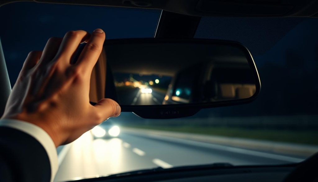 A close-up view of a car's rearview mirror being adjusted for optimal visibility at night, focusing on the driver's hand in a professional outfit. The mirror reflects a faint cityscape with bright headlights from vehicles behind, creating an interplay of light and shadow. Soft, dim interior lighting illuminates the dashboard, adding a sense of calm and focus to the scene. The background features a blurred dark road and nighttime sky, enhancing the atmosphere of driving at night. The angle showcases the importance of mirror adjustment in reducing glare, casting a serious yet informative mood appropriate for a driving safety topic. No text or distractions in the image; just the clear visual emphasis on rearview mirror adjustment. A close-up view of a car's rearview mirror being adjusted for optimal visibility at night, focusing on the driver's hand in a professional outfit. The mirror reflects a faint cityscape with bright headlights from vehicles behind, creating an interplay of light and shadow. Soft, dim interior lighting illuminates the dashboard, adding a sense of calm and focus to the scene. The background features a blurred dark road and nighttime sky, enhancing the atmosphere of driving at night. The angle showcases the importance of mirror adjustment in reducing glare, casting a serious yet informative mood appropriate for a driving safety topic. No text or distractions in the image; just the clear visual emphasis on rearview mirror adjustment.