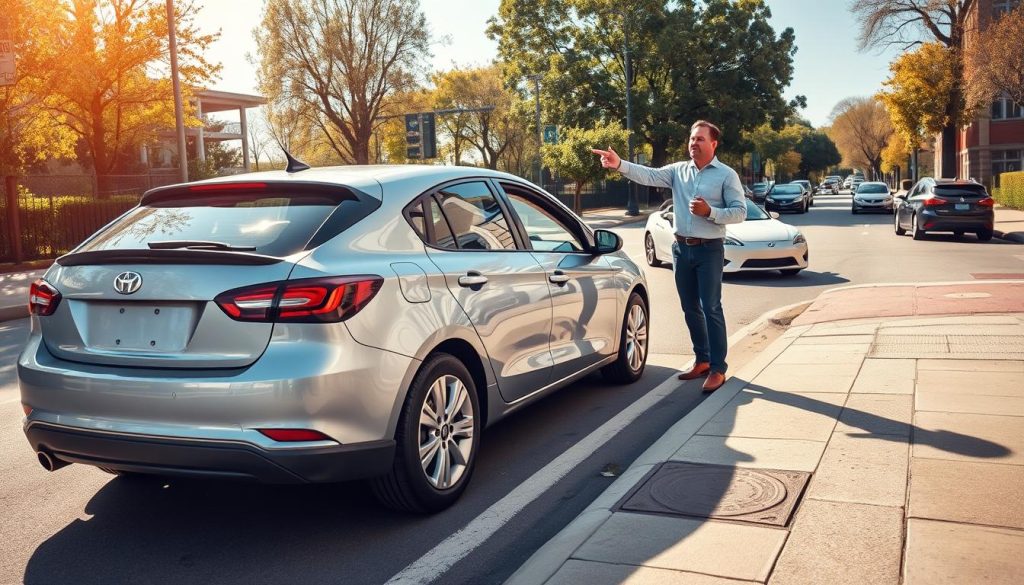 A detailed and informative instructional scene showcasing a beginner driver skillfully parking a car beside a curb without hitting the curb stone. In the foreground, the car is positioned slightly away from the curb, demonstrating the correct angle for parking. The middle ground features a neatly painted curb with clear markings and a friendly driving instructor pointing out the vehicle's position, dressed in smart casual clothing. The background includes a sunny street lined with trees and parked cars, creating a warm, inviting atmosphere. The lighting is bright and natural, highlighting the car's metallic finish and the instructor's encouraging demeanor. Capture this moment using a wide-angle lens to emphasize the spatial relationship between the car and the curb, evoking a sense of confidence and success in parking. A detailed and informative instructional scene showcasing a beginner driver skillfully parking a car beside a curb without hitting the curb stone. In the foreground, the car is positioned slightly away from the curb, demonstrating the correct angle for parking. The middle ground features a neatly painted curb with clear markings and a friendly driving instructor pointing out the vehicle's position, dressed in smart casual clothing. The background includes a sunny street lined with trees and parked cars, creating a warm, inviting atmosphere. The lighting is bright and natural, highlighting the car's metallic finish and the instructor's encouraging demeanor. Capture this moment using a wide-angle lens to emphasize the spatial relationship between the car and the curb, evoking a sense of confidence and success in parking.