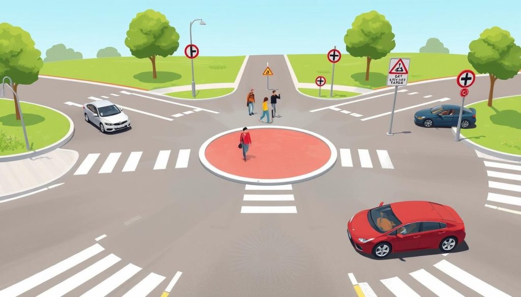 A detailed illustration depicting a roundabout with clear road markings and signage to emphasize the right-of-way rules for vehicles navigating through it. In the foreground, a well-designed roundabout with vehicles approaching from different directions, some yielding to those within the roundabout. The middle ground showcases a few drivers looking attentive and making decisions, illustrated in modest casual clothing. The background features stylized trees and grass, creating a pleasant environment. Use bright, natural lighting to evoke a clear day, enhancing visibility. Include a slightly elevated angle to provide a comprehensive view of all interactions at the roundabout, capturing the essence of priority judgment and traffic flow dynamics. A detailed illustration depicting a roundabout with clear road markings and signage to emphasize the right-of-way rules for vehicles navigating through it. In the foreground, a well-designed roundabout with vehicles approaching from different directions, some yielding to those within the roundabout. The middle ground showcases a few drivers looking attentive and making decisions, illustrated in modest casual clothing. The background features stylized trees and grass, creating a pleasant environment. Use bright, natural lighting to evoke a clear day, enhancing visibility. Include a slightly elevated angle to provide a comprehensive view of all interactions at the roundabout, capturing the essence of priority judgment and traffic flow dynamics.
