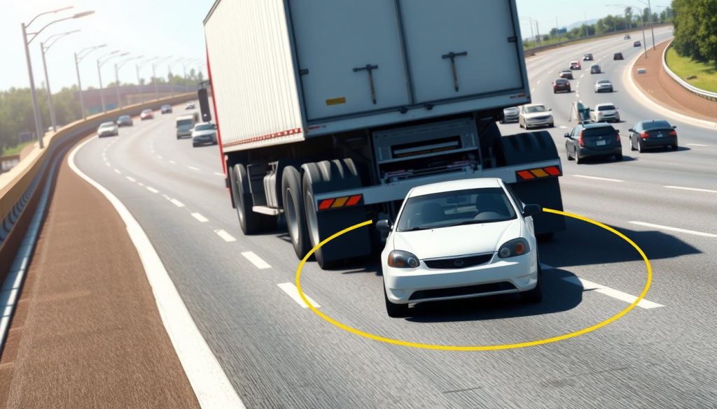 A detailed illustration focused on the relationship between road safety and the concept of inner wheel paths in large vehicles. In the foreground, a large truck making a turn, with an emphasis on its rear wheels and inner path. In the middle ground, a sedan positioned too close to the truck, showcasing a potential blind spot scenario. The background displays a busy road with clear lane markings and other vehicles, indicating the dangers of inner wheel paths. The lighting is bright and sunny, implying a clear day, enhancing visibility of the scene and emphasizing the safety concerns. The angle is slightly elevated, providing a comprehensive view of the traffic situation while maintaining a serious and educational atmosphere. The overall mood is one of urgency and caution, driving home the message of road safety.