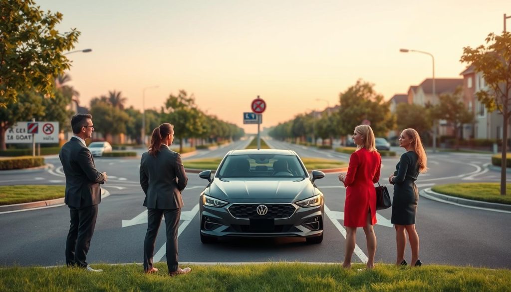A detailed illustration of the safe operational process for leaving a roundabout. In the foreground, a diverse group of three professional drivers in business attire, one male and two females, are standing near a modern car, discussing proper navigation techniques. The middle ground features a clearly marked roundabout with arrows indicating traffic flow, surrounded by green trees and well-maintained pathways. In the background, a calm suburban street fades into soft, pastel colors, suggesting early evening lighting, creating a warm and approachable atmosphere. Use a slightly elevated angle to give a comprehensive view of the roundabout's layout, emphasizing safety signs and road markings. The overall mood is educational and encouraging, promoting safe driving practices. A detailed illustration of the safe operational process for leaving a roundabout. In the foreground, a diverse group of three professional drivers in business attire, one male and two females, are standing near a modern car, discussing proper navigation techniques. The middle ground features a clearly marked roundabout with arrows indicating traffic flow, surrounded by green trees and well-maintained pathways. In the background, a calm suburban street fades into soft, pastel colors, suggesting early evening lighting, creating a warm and approachable atmosphere. Use a slightly elevated angle to give a comprehensive view of the roundabout's layout, emphasizing safety signs and road markings. The overall mood is educational and encouraging, promoting safe driving practices.