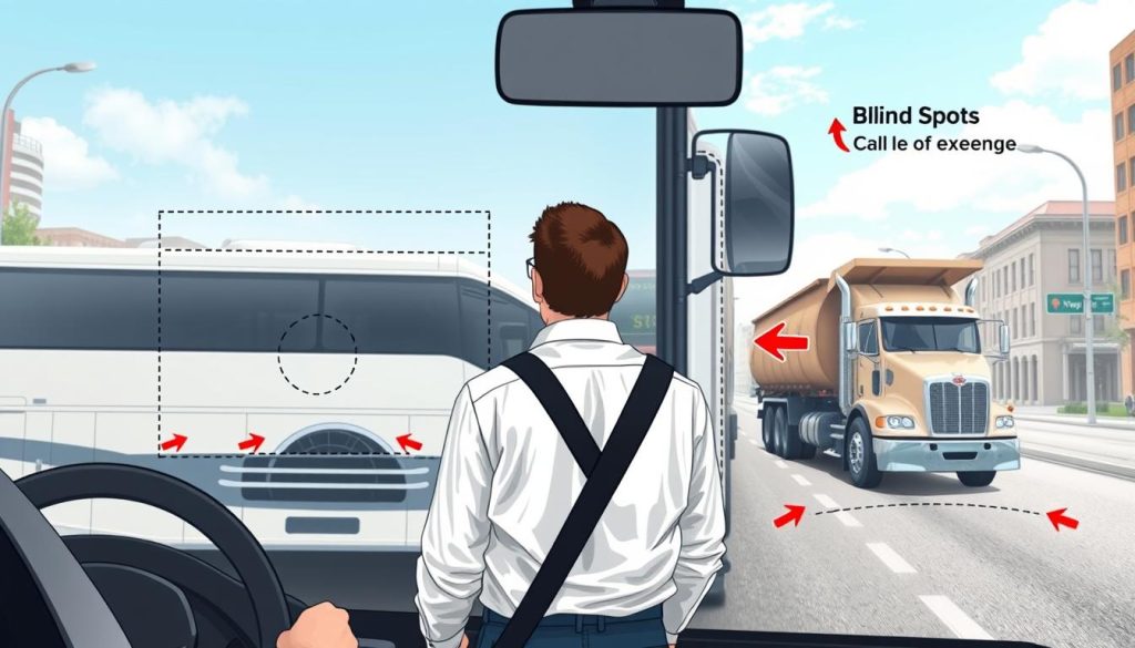 A detailed illustration showing a large vehicle's blind spots and safety distance. In the foreground, depict a professional driver in a modest casual outfit observing a large bus and a gravel truck. In the middle, emphasize the blind spots around both vehicles, using dashed lines to indicate areas not visible to the driver. Incorporate arrows showing recommended safety distances when driving near these vehicles. The background can feature a city street scene with clear skies and bright daylight to convey a sense of safety and awareness. The lighting should be natural, highlighting the vehicles and providing clarity to the critical driving concepts being illustrated.