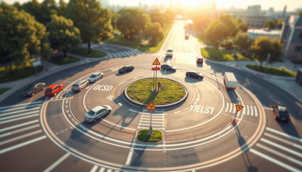 A detailed, informative illustration depicting multiple cars navigating an intricate roundabout, emphasizing the various paths taken within the circle. In the foreground, several vehicles represent different directions: some entering, some exiting the roundabout. The middle ground features clear road markings and traffic signs indicating yield points and lane usage, assisting drivers in making safe choices. The background shows a serene urban landscape with trees and buildings subtly blurred to emphasize the roundabout scene. The image is well-lit with soft sunlight creating a warm and inviting atmosphere. A wide-angle lens captures the entire roundabout, conveying a sense of movement and decision-making in a coherent, clear manner. A detailed, informative illustration depicting multiple cars navigating an intricate roundabout, emphasizing the various paths taken within the circle. In the foreground, several vehicles represent different directions: some entering, some exiting the roundabout. The middle ground features clear road markings and traffic signs indicating yield points and lane usage, assisting drivers in making safe choices. The background shows a serene urban landscape with trees and buildings subtly blurred to emphasize the roundabout scene. The image is well-lit with soft sunlight creating a warm and inviting atmosphere. A wide-angle lens captures the entire roundabout, conveying a sense of movement and decision-making in a coherent, clear manner.
