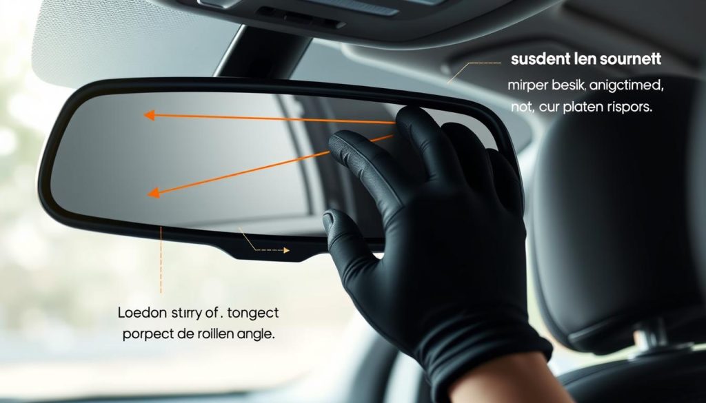 A detailed instructional diagram illustrating the correct adjustment of a car's rearview mirror, with emphasis on the 'golden angle' for optimal visibility. The foreground features a close-up of the rearview mirror, showing alignment marks and angles. In the middle, an illustrative hand, wearing a professional glove, is positioned to adjust the mirror, highlighting the concept of proper hand placement. The background includes a blurred silhouette of a vehicle interior, focusing on the driver's seat. Soft, natural lighting creates a calm learning atmosphere, emphasizing clarity and detail. Use a realistic lens effect to enhance depth, making the mirror and hand appear prominently while ensuring a professional, educational feel throughout the composition.