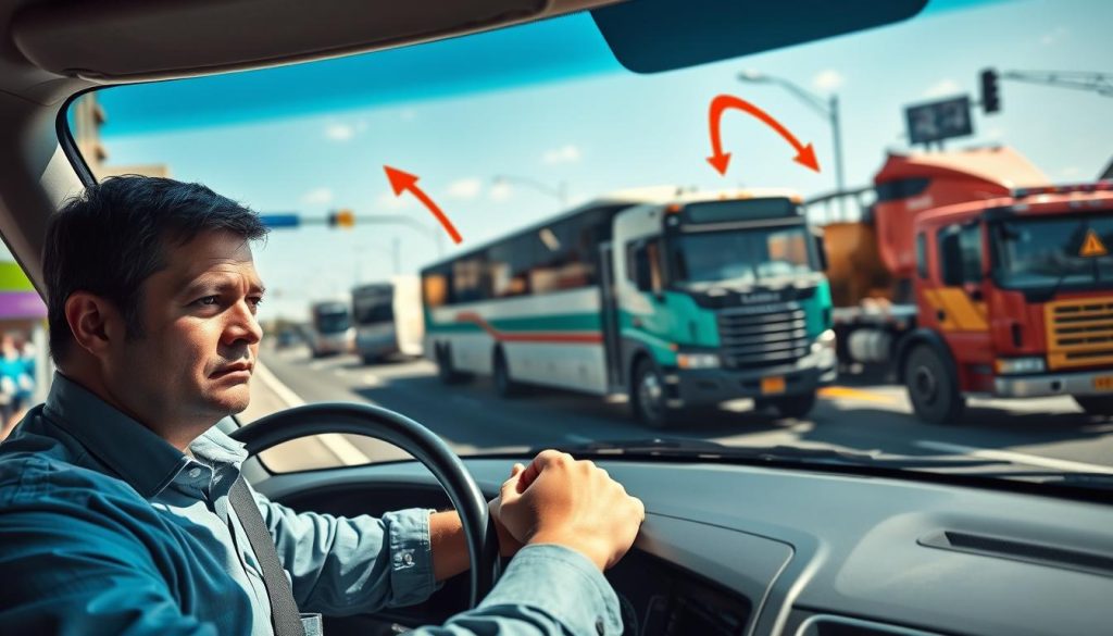 A detailed scene illustrating defensive driving techniques in relation to anticipating the movements of large vehicles, such as buses and construction trucks. In the foreground, a focused driver in professional casual attire attentively watches the road, with a slightly tense expression, emphasizing concentration. The middle ground shows a large bus and a construction truck, each positioned to indicate their potential blind spots, while arrows or lines suggest movement and direction. The background features a city street with clear skies, bright sunlight casting dynamic shadows, enhancing the mood of urgency and alertness. Use a wide-angle lens to capture the entire scene, with a slightly elevated perspective to provide an overview of traffic dynamics, ensuring the atmosphere conveys a sense of safety and awareness in driving.