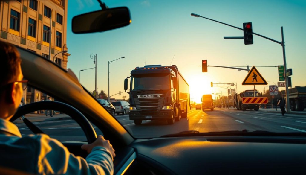 A detailed scene illustrating safe driving techniques around large vehicles like buses and dump trucks on a busy urban street. In the foreground, a cautious driver in professional attire is depicted in their car, maintaining a visible safe distance from a large bus merging into the lane. The middle ground features the bus and a heavy dump truck, showcasing their blind spots clearly marked with safety signs. The background includes city elements, such as traffic lights and pedestrians, with a clear blue sky as the setting sun casts a warm glow, enhancing the focus on safety and caution. The image captures a sense of realism and urgency, encouraging viewers to be aware of their surroundings on the road, with details emphasizing distances and vehicle sizes.