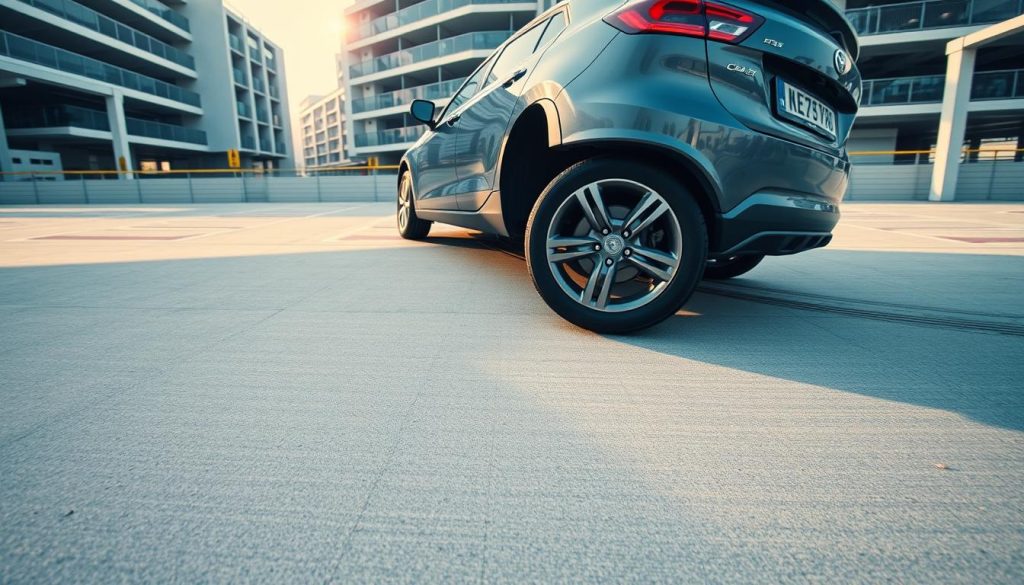 A detailed view of a parking lot showcasing a car executing a tight turn, highlighting the inner wheel's pivot point. In the foreground, the car is depicted mid-turn, its wheels visibly turning with focus on the trajectory of the inner wheel. The middle ground features marked parking spaces and a clear concrete surface, with realistic tire tracks adding context to the maneuver. In the background, a modern parking structure offers an urban setting, with soft afternoon sunlight casting long shadows to enhance depth. Use a slightly low angle to accentuate the dynamics of the car's movement, conveying a sense of skillful parking technique. The atmosphere should feel practical and instructional, offering a sense of clarity and focus without distractions, ensuring technical details are apparent.