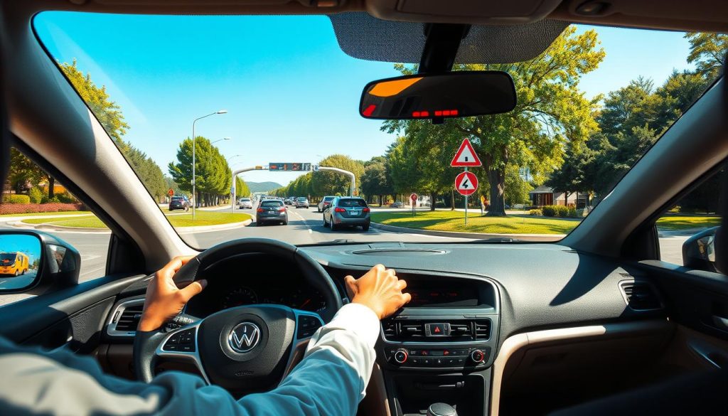 A driver in a modern car, positioned on the approach to a roundabout, is depicted in the foreground. The vehicle is shown from a slightly elevated angle, highlighting the driver's focused expression and hands on the steering wheel, ready to make a safe entry. In the middle ground, several vehicles circle the roundabout, suggesting dynamic movement and traffic flow, while a clear road sign indicating the roundabout’s entrance adds context. In the background, a bright, sunny day sets a warm mood, with lush green trees lining the road and blue sky enhancing visibility. The lighting is bright and natural, emphasizing the importance of safety and awareness in driving. The overall atmosphere is informative yet energetic, capturing the essence of preparing to navigate the roundabout efficiently. A driver in a modern car, positioned on the approach to a roundabout, is depicted in the foreground. The vehicle is shown from a slightly elevated angle, highlighting the driver's focused expression and hands on the steering wheel, ready to make a safe entry. In the middle ground, several vehicles circle the roundabout, suggesting dynamic movement and traffic flow, while a clear road sign indicating the roundabout’s entrance adds context. In the background, a bright, sunny day sets a warm mood, with lush green trees lining the road and blue sky enhancing visibility. The lighting is bright and natural, emphasizing the importance of safety and awareness in driving. The overall atmosphere is informative yet energetic, capturing the essence of preparing to navigate the roundabout efficiently.