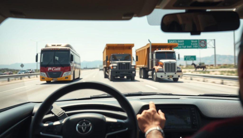 A dynamic scene capturing a highway environment where a driver is maintaining a safe distance from larger vehicles like buses and construction trucks. In the foreground, show a modern car with a focused driver wearing a seatbelt, looking attentive. The middle ground features a bus and a gravel truck, illustrating their large size and blind spots, with clear space between the car and these larger vehicles. The background depicts a busy highway with clear skies and distant mountains, emphasizing a sense of movement and urgency. The lighting is bright and natural, suggesting daytime, highlighting the safety measures in focus. The overall atmosphere conveys awareness and caution, illustrating the importance of safe driving strategies on highways.