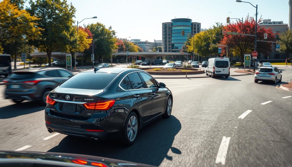 A dynamic scene depicting a car during a lane change while utilizing turn signals on a busy urban road. In the foreground, a sleek sedan signals as it merges into the right lane, clearly illustrating the use of the turn signal. The middle layer features several vehicles in motion, highlighting varying lane positions and maintaining safe distances. In the background, a roundabout is visible, surrounded by vibrant trees and buildings, with clear sky lighting creating a bright, focused atmosphere. The perspective should be slightly elevated, as if viewed from a nearby intersection. The overall mood conveys clarity and understanding of safe driving techniques. A dynamic scene depicting a car during a lane change while utilizing turn signals on a busy urban road. In the foreground, a sleek sedan signals as it merges into the right lane, clearly illustrating the use of the turn signal. The middle layer features several vehicles in motion, highlighting varying lane positions and maintaining safe distances. In the background, a roundabout is visible, surrounded by vibrant trees and buildings, with clear sky lighting creating a bright, focused atmosphere. The perspective should be slightly elevated, as if viewed from a nearby intersection. The overall mood conveys clarity and understanding of safe driving techniques.