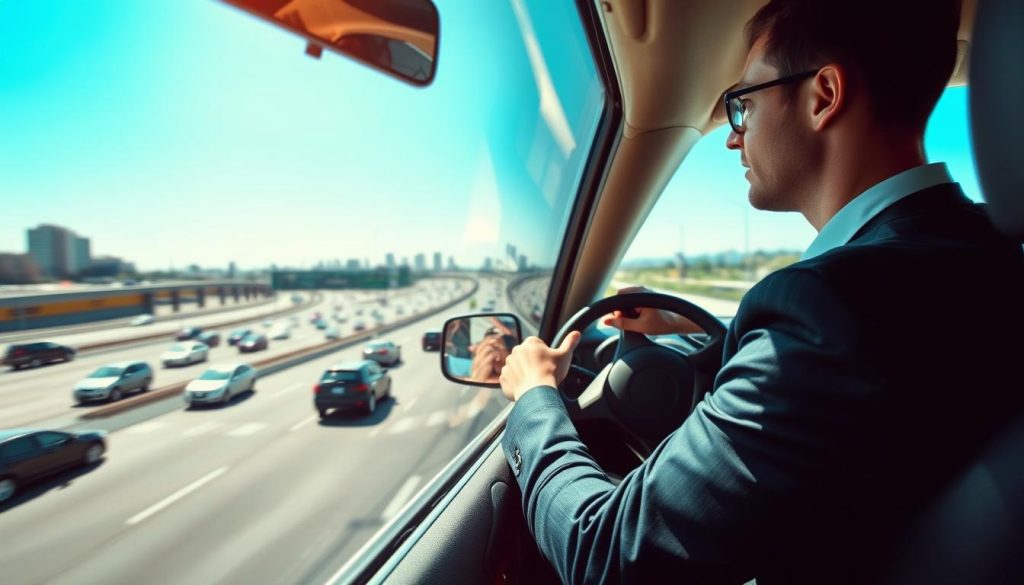 A dynamic scene illustrating "visual scanning techniques on a fast highway." In the foreground, a focused driver in a professional attire visibly scanning the environment, hands on the steering wheel, eyes darting to mirrors and surroundings. The middle layer features a vibrant highway with multiple lanes, cars of various sizes in motion, and road signs. In the background, distant buildings and a clear blue sky hint at an urban setting. The lighting is bright and clear, suggesting a sunny day, creating a keen sense of alertness and focus. The composition is shot from an angle that emphasizes the driver's perspective, conveying concentration and awareness amidst the bustling highway traffic. The overall atmosphere is energetic yet safe, highlighting the importance of visual scanning while driving. A dynamic scene illustrating "visual scanning techniques on a fast highway." In the foreground, a focused driver in a professional attire visibly scanning the environment, hands on the steering wheel, eyes darting to mirrors and surroundings. The middle layer features a vibrant highway with multiple lanes, cars of various sizes in motion, and road signs. In the background, distant buildings and a clear blue sky hint at an urban setting. The lighting is bright and clear, suggesting a sunny day, creating a keen sense of alertness and focus. The composition is shot from an angle that emphasizes the driver's perspective, conveying concentration and awareness amidst the bustling highway traffic. The overall atmosphere is energetic yet safe, highlighting the importance of visual scanning while driving.