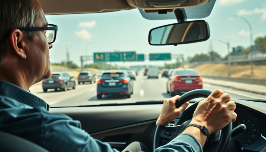 A dynamic scene on a busy highway illustrating proper lane-changing techniques for drivers. In the foreground, a focused driver in a professional casual outfit, hands on the steering wheel, scanning the road ahead with concentration. In the middle, several vehicles of varying colors and sizes are positioned, subtly demonstrating correct lane transitions, with a clear distinction in turning indicators. The background features a blurred view of other cars and highway signs, enhancing the sense of speed. Bright, natural daylight illuminates the scene, creating a sense of clarity and urgency. The composition should emphasize the importance of vigilance and skill when navigating the fast lane, inviting viewers to grasp the essentials of safe lane changes. A dynamic scene on a busy highway illustrating proper lane-changing techniques for drivers. In the foreground, a focused driver in a professional casual outfit, hands on the steering wheel, scanning the road ahead with concentration. In the middle, several vehicles of varying colors and sizes are positioned, subtly demonstrating correct lane transitions, with a clear distinction in turning indicators. The background features a blurred view of other cars and highway signs, enhancing the sense of speed. Bright, natural daylight illuminates the scene, creating a sense of clarity and urgency. The composition should emphasize the importance of vigilance and skill when navigating the fast lane, inviting viewers to grasp the essentials of safe lane changes.