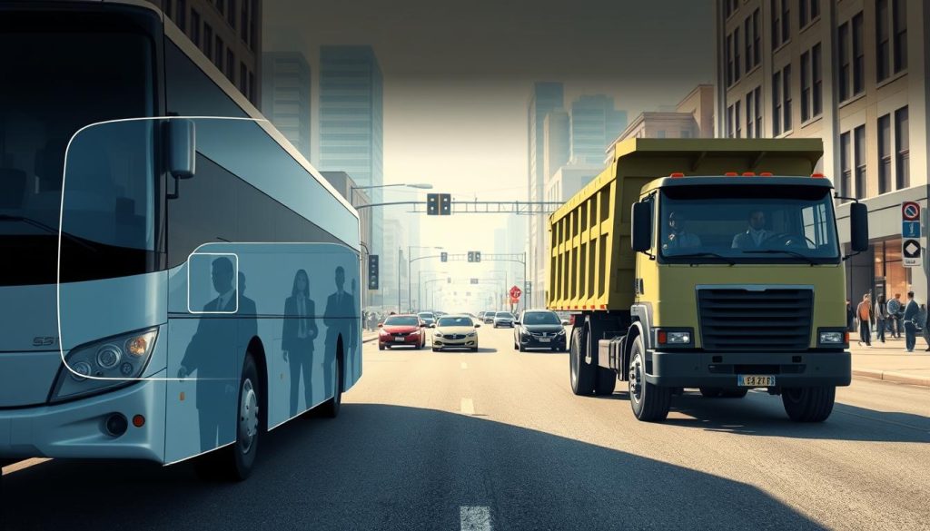A highly detailed illustration showing the visual blind spots of large vehicles, specifically focusing on a bus and a dump truck. In the foreground, emphasize the outline of the vehicles with a slight transparency to depict areas of limited visibility. The middle layer includes a diverse range of drivers in professional attire, observing the vehicles from a safe distance, highlighting safety awareness. In the background, a city street setting with pedestrians and other cars, illuminated by soft daylight to create a clear, informative atmosphere. Use a wide-angle lens perspective to enhance the depth and spatial relations. The mood should be educational and professional, conveying the importance of awareness around large vehicle blind spots for road safety.