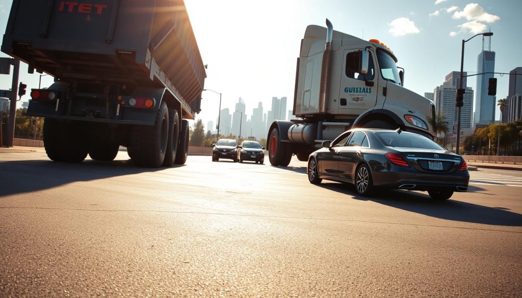 A large construction truck, such as a gravel truck, is turning at a busy intersection, casting a shadow on the pavement. In the foreground, highlight the truck's blind spots, showcasing a clear perspective of hidden areas behind the vehicle where smaller cars might be. The middle ground features concerned drivers in modern vehicles, keeping a safe distance as they observe the truck's movements, emphasizing the importance of awareness. In the background, a city skyline under a bright afternoon sky adds context, with sunlight illuminating the scene. The atmosphere conveys tension and urgency, highlighting the critical need for safety when navigating around large vehicles. The image should be captured from a slightly elevated angle, providing an overview of the intersection and enhancing the sense of scale difference between the truck and smaller vehicles.