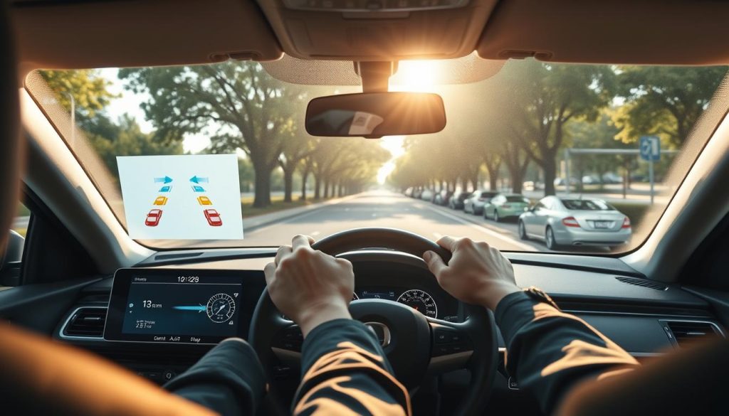 A modern car interior showcasing an advanced parking angle assistance system. In the foreground, a dashboard with a clear digital display highlighting parking guidelines and angle indicators illuminated by soft ambient light. In the middle, a focused view of the steering wheel with hands positioned at 10 and 2 o'clock, symbolizing a driver in a professional, modest casual outfit, attentively following the system's guidance. The background shows a side window view of a tree-lined street, with realistic car models parked along the curb, under a bright but soft sunlight casting gentle shadows. The atmosphere is calm and focused, evoking a sense of confidence in utilizing technology for parking. A modern car interior showcasing an advanced parking angle assistance system. In the foreground, a dashboard with a clear digital display highlighting parking guidelines and angle indicators illuminated by soft ambient light. In the middle, a focused view of the steering wheel with hands positioned at 10 and 2 o'clock, symbolizing a driver in a professional, modest casual outfit, attentively following the system's guidance. The background shows a side window view of a tree-lined street, with realistic car models parked along the curb, under a bright but soft sunlight casting gentle shadows. The atmosphere is calm and focused, evoking a sense of confidence in utilizing technology for parking.