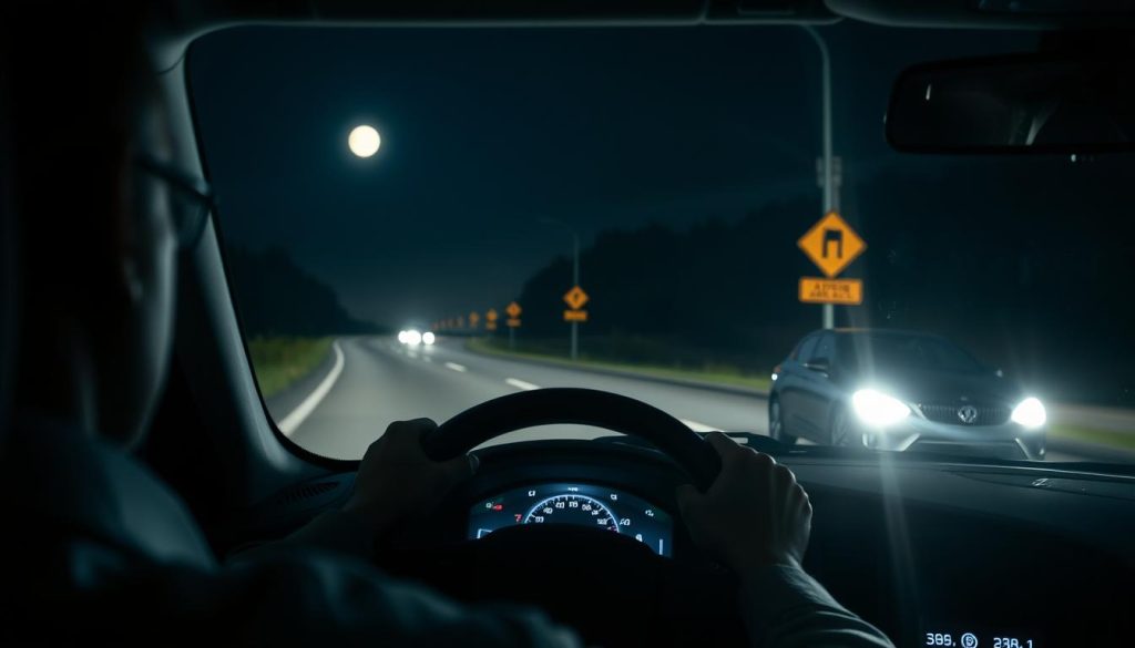 A nighttime driving scene depicting a car on a dark road, headlights illuminating the way while a powerful glare from an approaching vehicle's high beams creates a challenging visual environment. In the foreground, focus on the driver’s view through the windshield, showing their focused expression and hands gripping the steering wheel, dressed in professional attire. In the middle ground, the illuminated road shines under the headlights, with clear signs indicating safe driving practices. In the background, a blurred silhouette of the oncoming car adds to the tension. The atmosphere is intense but educational, with a moonlit sky highlighting the calmness in contrast to the driving challenge. The lighting should emphasize the contrast of the bright headlights against the dark surroundings, creating a dramatic and informative visual. A nighttime driving scene depicting a car on a dark road, headlights illuminating the way while a powerful glare from an approaching vehicle's high beams creates a challenging visual environment. In the foreground, focus on the driver’s view through the windshield, showing their focused expression and hands gripping the steering wheel, dressed in professional attire. In the middle ground, the illuminated road shines under the headlights, with clear signs indicating safe driving practices. In the background, a blurred silhouette of the oncoming car adds to the tension. The atmosphere is intense but educational, with a moonlit sky highlighting the calmness in contrast to the driving challenge. The lighting should emphasize the contrast of the bright headlights against the dark surroundings, creating a dramatic and informative visual.