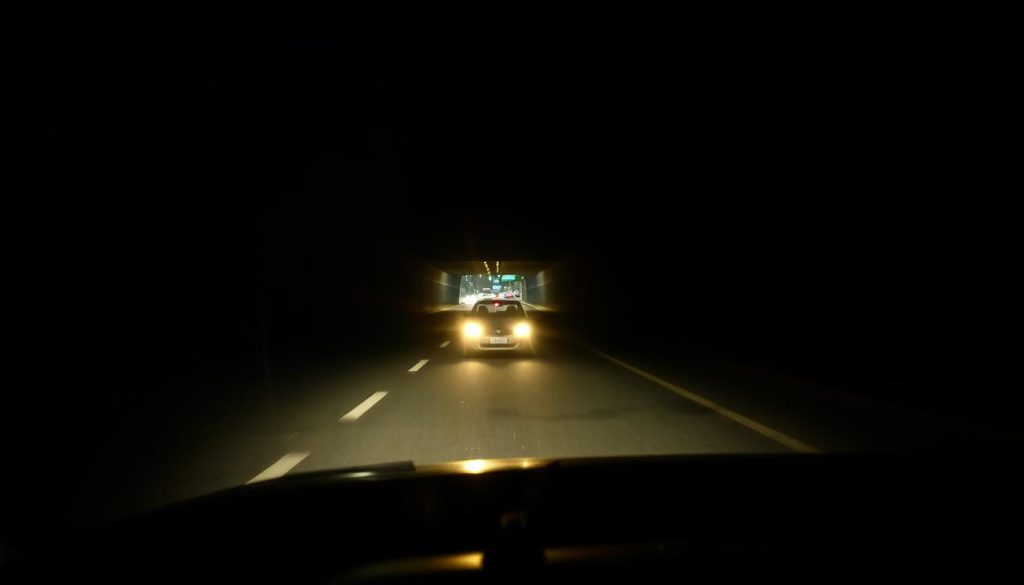 A nighttime driving scene depicting the transition between entering and exiting a tunnel. In the foreground, a well-lit car with its headlights on approaches a tunnel's entrance, illuminating the dark road ahead. The middle ground features the entrance of the tunnel, showcasing contrasting light and shadow effects as the headlights cast beams into the darkness. In the background, the end of the tunnel is visible, where the scene transitions into a brightly lit area, simulating a sudden change in visibility. The atmosphere is tense yet focused, highlighting the importance of using car lights effectively during night driving. Capture this moment from a slightly elevated angle, emphasizing the driver's perspective while showing the surrounding environment. Use realistic lighting to convey the mood of night driving and the significance of visual judgment in diverse lighting conditions. A nighttime driving scene depicting the transition between entering and exiting a tunnel. In the foreground, a well-lit car with its headlights on approaches a tunnel's entrance, illuminating the dark road ahead. The middle ground features the entrance of the tunnel, showcasing contrasting light and shadow effects as the headlights cast beams into the darkness. In the background, the end of the tunnel is visible, where the scene transitions into a brightly lit area, simulating a sudden change in visibility. The atmosphere is tense yet focused, highlighting the importance of using car lights effectively during night driving. Capture this moment from a slightly elevated angle, emphasizing the driver's perspective while showing the surrounding environment. Use realistic lighting to convey the mood of night driving and the significance of visual judgment in diverse lighting conditions.