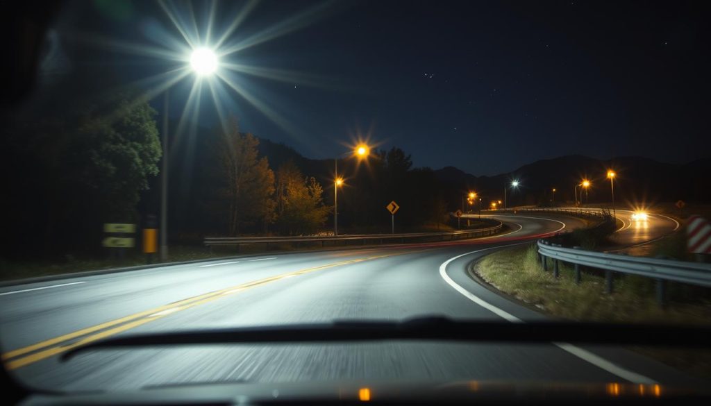 A nighttime driving scene on a winding road, showcasing the effective use of car headlights. In the foreground, a well-lit vehicle drives with its headlights illuminating the road ahead, revealing reflections on wet pavement. The middle ground features trees and road signs subtly lit by ambient car lights. In the background, a starry sky adds a sense of depth and tranquility, with a hint of distant mountains. The image captures an atmosphere of safety and awareness, emphasizing the importance of visibility and judgement while driving at night. The lighting should be soft yet focused, with contrasts between the illuminated areas and the dark surroundings, conveying a sense of calm and vigilance for new drivers. A nighttime driving scene on a winding road, showcasing the effective use of car headlights. In the foreground, a well-lit vehicle drives with its headlights illuminating the road ahead, revealing reflections on wet pavement. The middle ground features trees and road signs subtly lit by ambient car lights. In the background, a starry sky adds a sense of depth and tranquility, with a hint of distant mountains. The image captures an atmosphere of safety and awareness, emphasizing the importance of visibility and judgement while driving at night. The lighting should be soft yet focused, with contrasts between the illuminated areas and the dark surroundings, conveying a sense of calm and vigilance for new drivers.