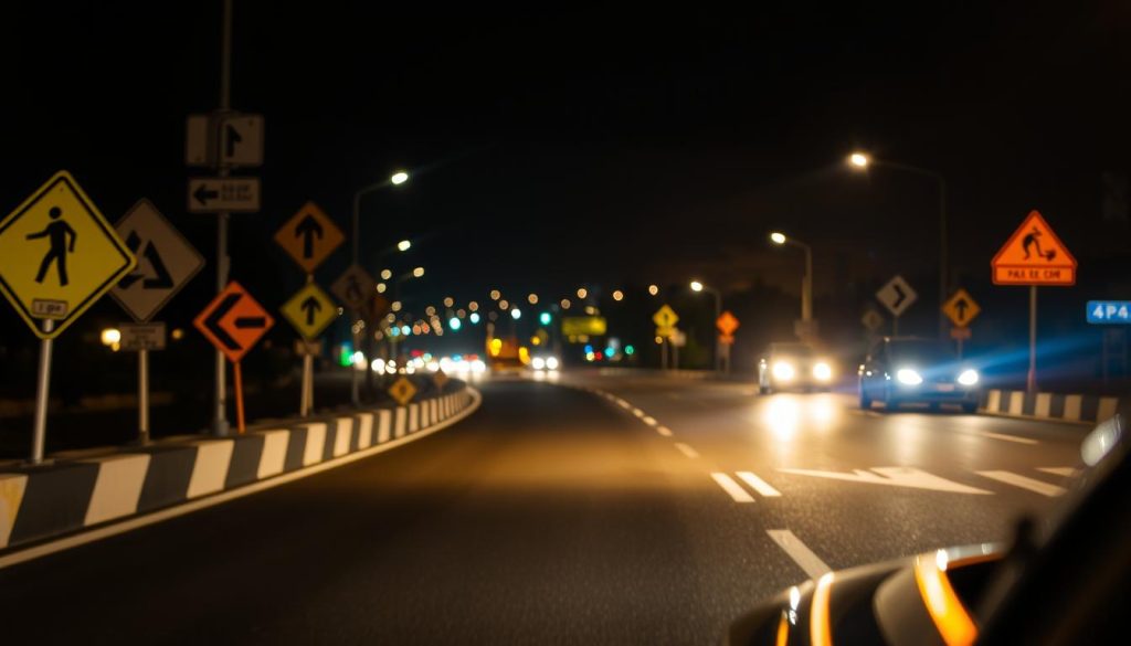 A nighttime road scene emphasizing visibility and safety features. In the foreground, various reflective traffic signs and road markings glow under the headlights of a car, showcasing their importance for drivers. The middle ground features a well-lit roadway with clearly visible lane markings, arrows, and caution signs that guide the way. The background reveals a dimly lit urban setting with blurred outlines of buildings and streetlights, hinting at the challenges of night driving. The atmosphere is attentive and focused, conveying the need for caution and clarity. Use a wide-angle lens to capture depth while ensuring the lighting is dramatic yet realistic, highlighting the reflective surfaces to draw attention to safety essentials. A nighttime road scene emphasizing visibility and safety features. In the foreground, various reflective traffic signs and road markings glow under the headlights of a car, showcasing their importance for drivers. The middle ground features a well-lit roadway with clearly visible lane markings, arrows, and caution signs that guide the way. The background reveals a dimly lit urban setting with blurred outlines of buildings and streetlights, hinting at the challenges of night driving. The atmosphere is attentive and focused, conveying the need for caution and clarity. Use a wide-angle lens to capture depth while ensuring the lighting is dramatic yet realistic, highlighting the reflective surfaces to draw attention to safety essentials.