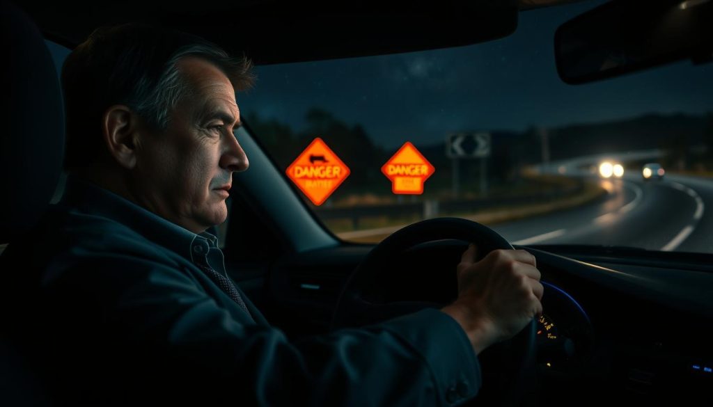 A nighttime scene depicting a driver showing signs of fatigue while driving on a dark, winding road. In the foreground, capture a close-up of the driver, a middle-aged individual in professional attire, looking weary with drooping eyes, gripping the steering wheel tightly. The interior of the car is dimly lit by the dashboard lights. In the middle ground, display illuminated road signs indicating danger, with blurred reflections of headlights on the windshield, suggesting a struggle against drowsiness. In the background, create a dark landscape with faint silhouettes of trees and a starry sky, emphasizing the isolation of night driving. Use soft, dramatic lighting to enhance the tension in the situation, maintaining a somber and serious mood that highlights the importance of addressing fatigue while driving. A nighttime scene depicting a driver showing signs of fatigue while driving on a dark, winding road. In the foreground, capture a close-up of the driver, a middle-aged individual in professional attire, looking weary with drooping eyes, gripping the steering wheel tightly. The interior of the car is dimly lit by the dashboard lights. In the middle ground, display illuminated road signs indicating danger, with blurred reflections of headlights on the windshield, suggesting a struggle against drowsiness. In the background, create a dark landscape with faint silhouettes of trees and a starry sky, emphasizing the isolation of night driving. Use soft, dramatic lighting to enhance the tension in the situation, maintaining a somber and serious mood that highlights the importance of addressing fatigue while driving.