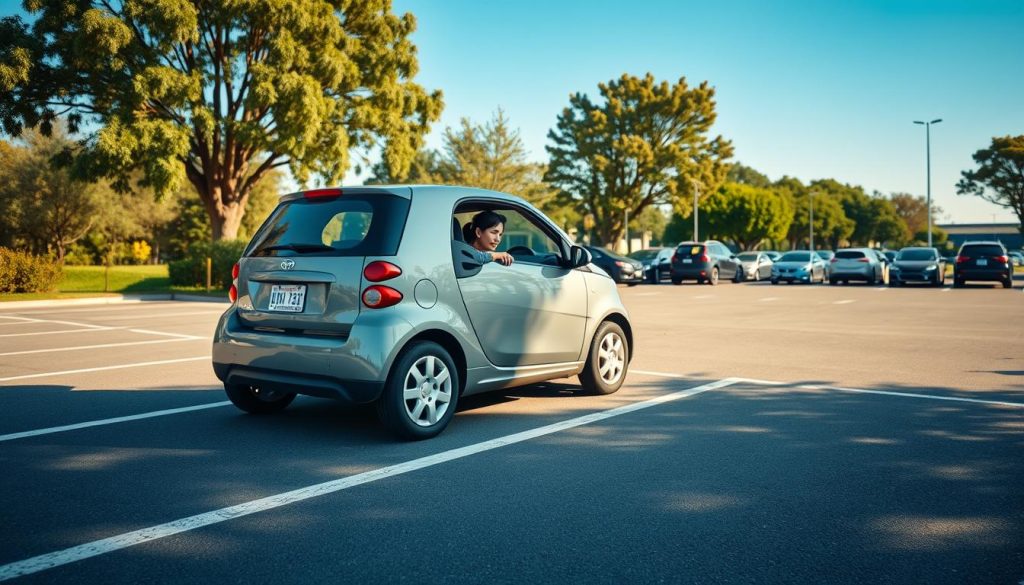 A novice driver practicing parking a small, compact car in a marked parking space. The foreground features the car positioned awkwardly, with the driver, a young Asian woman in modest casual clothing, leaning slightly forward, intensely focused on aligning the vehicle. In the middle ground, a parking lot filled with other cars and clear demarcations of parking spaces can be seen, emphasizing the trainer's challenge. The background includes trees and a bright blue sky, creating a pleasant and informative atmosphere. Soft afternoon sunlight casts gentle shadows, enhancing the mood of a relaxed yet educational practice session. The image is captured with a wide-angle lens to emphasize the space and context around the car, illustrating the concept of car distance awareness. A novice driver practicing parking a small, compact car in a marked parking space. The foreground features the car positioned awkwardly, with the driver, a young Asian woman in modest casual clothing, leaning slightly forward, intensely focused on aligning the vehicle. In the middle ground, a parking lot filled with other cars and clear demarcations of parking spaces can be seen, emphasizing the trainer's challenge. The background includes trees and a bright blue sky, creating a pleasant and informative atmosphere. Soft afternoon sunlight casts gentle shadows, enhancing the mood of a relaxed yet educational practice session. The image is captured with a wide-angle lens to emphasize the space and context around the car, illustrating the concept of car distance awareness.