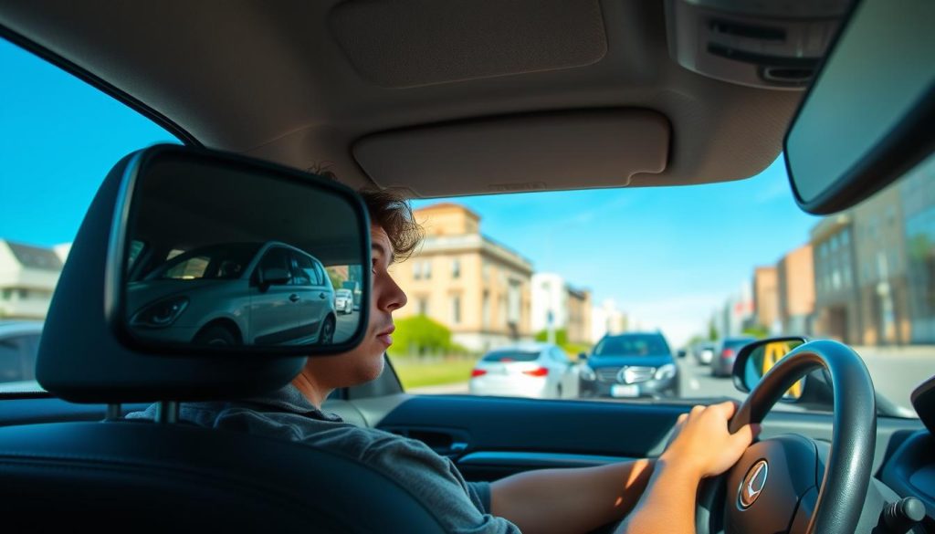 A novice driver sitting inside a car, looking intently at the surrounding vehicles to judge the distance on either side. The driver, a young adult wearing casual but tidy clothing, displays a focused yet slightly anxious expression. In the foreground, the dashboard with a focus on the rearview mirror reflecting a small car nearby. In the middle ground, the side window reveals a busy city street with other vehicles, emphasizing the challenge of distance judgment. The background shows buildings and a clear blue sky, creating a bright, daytime atmosphere. The lighting is natural and inviting, enhancing clarity. A camera angle from inside the car looking out gives a sense of perspective, highlighting the importance of distance awareness in driving. A novice driver sitting inside a car, looking intently at the surrounding vehicles to judge the distance on either side. The driver, a young adult wearing casual but tidy clothing, displays a focused yet slightly anxious expression. In the foreground, the dashboard with a focus on the rearview mirror reflecting a small car nearby. In the middle ground, the side window reveals a busy city street with other vehicles, emphasizing the challenge of distance judgment. The background shows buildings and a clear blue sky, creating a bright, daytime atmosphere. The lighting is natural and inviting, enhancing clarity. A camera angle from inside the car looking out gives a sense of perspective, highlighting the importance of distance awareness in driving.
