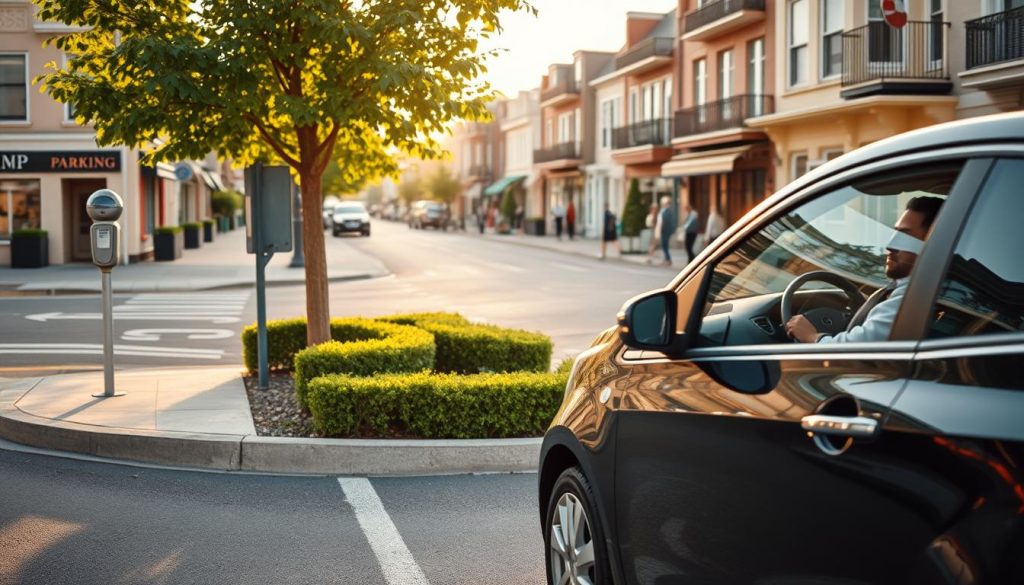 A picturesque street scene showcasing a suitable parking space. In the foreground, a black compact car is poised to park, with the driver visible through the window, wearing professional attire, looking focused. In the middle ground, a well-marked parking bay is bordered by green bushes and a concrete sidewalk, with subtle road markings indicating parking rules. To the left, a friendly parking meter stands beside a small tree, casting gentle dappled shadows across the area. In the background, a bustling neighborhood with quaint buildings and people casually walking adds life to the scene, illuminated by soft, warm afternoon sunlight. The composition should evoke a sense of calm and practicality, highlighting an ideal moment for new drivers seeking the perfect parking spot. A picturesque street scene showcasing a suitable parking space. In the foreground, a black compact car is poised to park, with the driver visible through the window, wearing professional attire, looking focused. In the middle ground, a well-marked parking bay is bordered by green bushes and a concrete sidewalk, with subtle road markings indicating parking rules. To the left, a friendly parking meter stands beside a small tree, casting gentle dappled shadows across the area. In the background, a bustling neighborhood with quaint buildings and people casually walking adds life to the scene, illuminated by soft, warm afternoon sunlight. The composition should evoke a sense of calm and practicality, highlighting an ideal moment for new drivers seeking the perfect parking spot.