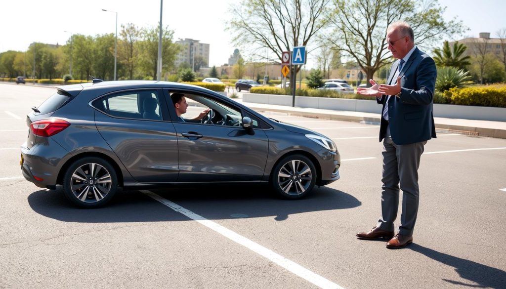 A practical scene depicting a parking angle correction technique for novice drivers. In the foreground, a carefully parked car is shown with its rear wheels slightly turned, demonstrating the adjustment process. A driving instructor, dressed in a smart casual outfit, stands beside the car, giving clear hand signals to the driver inside, who is focused and attentive. In the middle ground, a roadside view with clear parking lines and a backdrop of a city street with trees adds context. The lighting is bright and natural, suggesting a sunny day, with soft shadows enhancing the image depth. The overall mood is instructive and calm, embodying a supportive learning environment for new drivers. A practical scene depicting a parking angle correction technique for novice drivers. In the foreground, a carefully parked car is shown with its rear wheels slightly turned, demonstrating the adjustment process. A driving instructor, dressed in a smart casual outfit, stands beside the car, giving clear hand signals to the driver inside, who is focused and attentive. In the middle ground, a roadside view with clear parking lines and a backdrop of a city street with trees adds context. The lighting is bright and natural, suggesting a sunny day, with soft shadows enhancing the image depth. The overall mood is instructive and calm, embodying a supportive learning environment for new drivers.