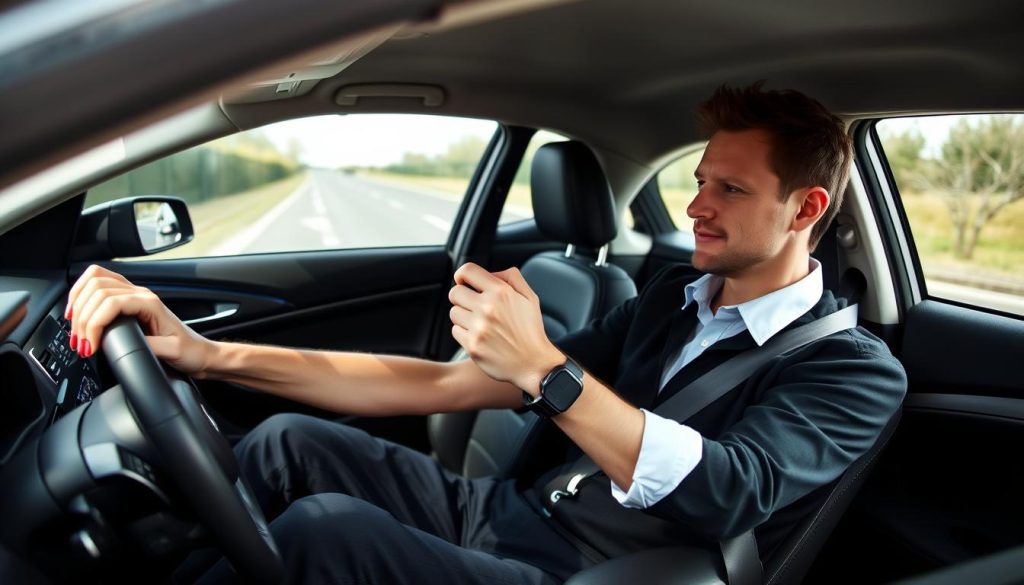 A professional driving instructor seated inside a modern car, demonstrating the correct driving posture. The foreground features the instructor in smart casual clothing, focusing on their upright position with hands comfortably gripping the steering wheel at the 10 and 2 o'clock positions. The middle area shows the driver’s seat adjusted properly, with visible seat adjustments and mirrors aligned for optimal visibility. In the background, a road is visible through the car window, highlighting a well-lit environment that conveys a sense of safety and focus. The lighting is bright and natural, suggesting daytime driving; the scene is captured from a slightly angled view, emphasizing the instructor’s body alignment and the ergonomic setup of the vehicle. The atmosphere is educational and encouraging, perfect for new drivers. A professional driving instructor seated inside a modern car, demonstrating the correct driving posture. The foreground features the instructor in smart casual clothing, focusing on their upright position with hands comfortably gripping the steering wheel at the 10 and 2 o'clock positions. The middle area shows the driver’s seat adjusted properly, with visible seat adjustments and mirrors aligned for optimal visibility. In the background, a road is visible through the car window, highlighting a well-lit environment that conveys a sense of safety and focus. The lighting is bright and natural, suggesting daytime driving; the scene is captured from a slightly angled view, emphasizing the instructor’s body alignment and the ergonomic setup of the vehicle. The atmosphere is educational and encouraging, perfect for new drivers.