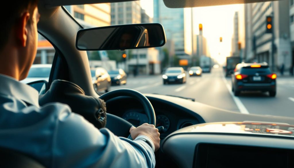 A realistic scene depicting a defensive driving check before changing lanes on a busy city street. In the foreground, a professional driver in smart casual clothing is looking at the rearview mirror, highlighting attention to safety. The middle ground features a modern car with its turn signal activated, and the driver checking blind spots by glancing over their shoulder. The background shows a bustling cityscape with other vehicles and pedestrians, captured with soft, natural lighting during the golden hour, creating a calm yet alert atmosphere. The angle should be slightly tilted to emphasize the driver's perspective while avoiding any distractions or unnecessary details. A realistic scene depicting a defensive driving check before changing lanes on a busy city street. In the foreground, a professional driver in smart casual clothing is looking at the rearview mirror, highlighting attention to safety. The middle ground features a modern car with its turn signal activated, and the driver checking blind spots by glancing over their shoulder. The background shows a bustling cityscape with other vehicles and pedestrians, captured with soft, natural lighting during the golden hour, creating a calm yet alert atmosphere. The angle should be slightly tilted to emphasize the driver's perspective while avoiding any distractions or unnecessary details.