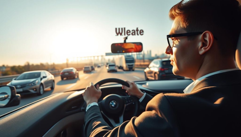 A serene and focused driving scene on a busy expressway. In the foreground, a well-dressed driver visibly exudes calm confidence, hands on the steering wheel of a sleek, modern car. The middle layer features dynamic traffic, including various vehicles like sedans and trucks, smoothly navigating the multi-lane road. In the background, a bright, clear sky transitions to a soft golden hour light that bathes the landscape in warmth. We see distant city skyscrapers, emphasizing the steady progression of urban life. The mood conveys concentration and preparedness, illustrating the mental establishment needed for safe driving on high-speed roads. Ensure a clear perspective from the driver's viewpoint, with a slight focal blur on the surrounding vehicles to enhance the feeling of motion. A serene and focused driving scene on a busy expressway. In the foreground, a well-dressed driver visibly exudes calm confidence, hands on the steering wheel of a sleek, modern car. The middle layer features dynamic traffic, including various vehicles like sedans and trucks, smoothly navigating the multi-lane road. In the background, a bright, clear sky transitions to a soft golden hour light that bathes the landscape in warmth. We see distant city skyscrapers, emphasizing the steady progression of urban life. The mood conveys concentration and preparedness, illustrating the mental establishment needed for safe driving on high-speed roads. Ensure a clear perspective from the driver's viewpoint, with a slight focal blur on the surrounding vehicles to enhance the feeling of motion.