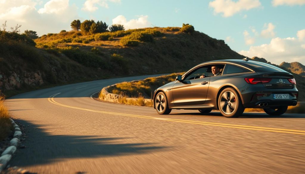 A serene, narrow winding road with a gentle uphill slope transitioning into a downhill slope. In the foreground, a sleek modern car is positioned confidently halfway up the incline, showing a driver focused on maintaining control. The driver, dressed in smart casual attire, has a composed expression, showcasing concentration. In the middle ground, lush greenery and subtle rocks line the road, adding texture. The background features a soft blue sky with fluffy clouds to create a tranquil atmosphere. Use warm, natural daylight to enhance the scene, allowing shadows to define the road’s contours. Capture the image from a slight low-angle perspective, emphasizing the slope's incline, highlighting the vehicle's approach to the challenges of driving on narrow, hilly terrain.