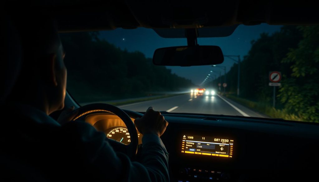 A serene nighttime driving scene, showcasing a well-lit interior of a modern vehicle. In the foreground, a driver in professional attire adjusts the vehicle's dashboard settings, emphasizing the use of headlights and dashboard illumination. The middle section displays the glowing controls, casting a soft, warm light enhancing comfort for night driving. The background features a darkened road illuminated by the vehicle’s headlights, highlighting the contrast between light and darkness. Gently blurred street signs and foliage on the sides indicate the speed and direction, enhancing the focus on visibility. A starry sky with a hint of moonlight peeks above, adding to the tranquil atmosphere. The overall mood is calm and safe, illustrating the importance of proper light use and visual judgment while driving at night. A serene nighttime driving scene, showcasing a well-lit interior of a modern vehicle. In the foreground, a driver in professional attire adjusts the vehicle's dashboard settings, emphasizing the use of headlights and dashboard illumination. The middle section displays the glowing controls, casting a soft, warm light enhancing comfort for night driving. The background features a darkened road illuminated by the vehicle’s headlights, highlighting the contrast between light and darkness. Gently blurred street signs and foliage on the sides indicate the speed and direction, enhancing the focus on visibility. A starry sky with a hint of moonlight peeks above, adding to the tranquil atmosphere. The overall mood is calm and safe, illustrating the importance of proper light use and visual judgment while driving at night.