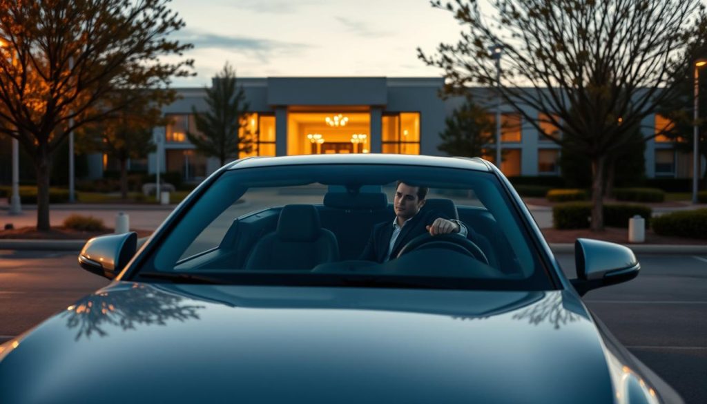 A serene parking lot scene at dusk, focusing on a well-maintained car poised at the entrance. In the foreground, the car's sleek exterior shimmers under soft, warm ambient light, creating a feeling of calm and preparedness. In the middle ground, a confident, focused driver, dressed in smart casual attire, sits in the driver's seat, hands resting on the steering wheel, gazing ahead with determination. Surrounding the parking lot, gently swaying trees and soft shadows enhance the atmosphere, evoking a sense of calm and concentration. The background features a beautifully illuminated building with large windows, casting a welcoming glow. The image conveys a mood of serenity and focus, ideal for mentally preparing before driving in a parking environment.