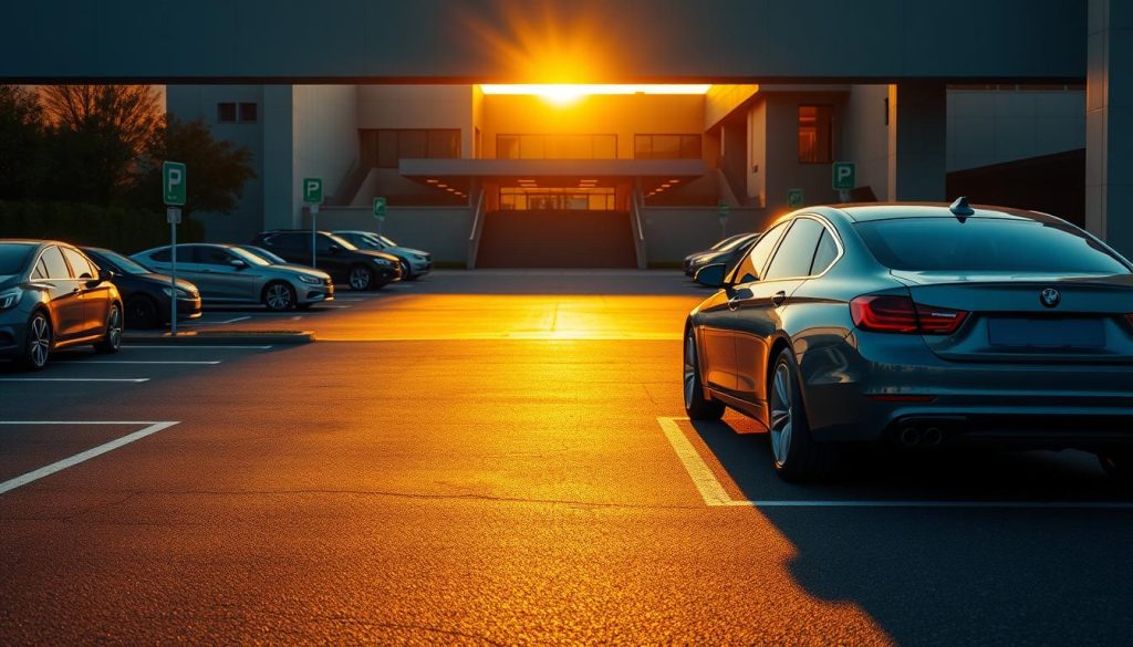 A serene parking lot scene at sunset, highlighting the key observation points for finding a parking space. In the foreground, a well-maintained car is parked diagonally, demonstrating optimal parking alignment. The middle ground features clear indicators for available spots, such as green signs and white lines. To the background, a gently sloping driveway leads to the entrance of a modern parking garage, enveloped in a warm golden hue. The scene captures dynamic angles, showcasing various parking maneuvers, with shadows cast by parked cars enhancing depth. Soft lighting envelops the environment, conveying a tranquil yet focused mood. The overall composition reflects a professional atmosphere without any text or distractions, emphasizing the essence of parking observation techniques.